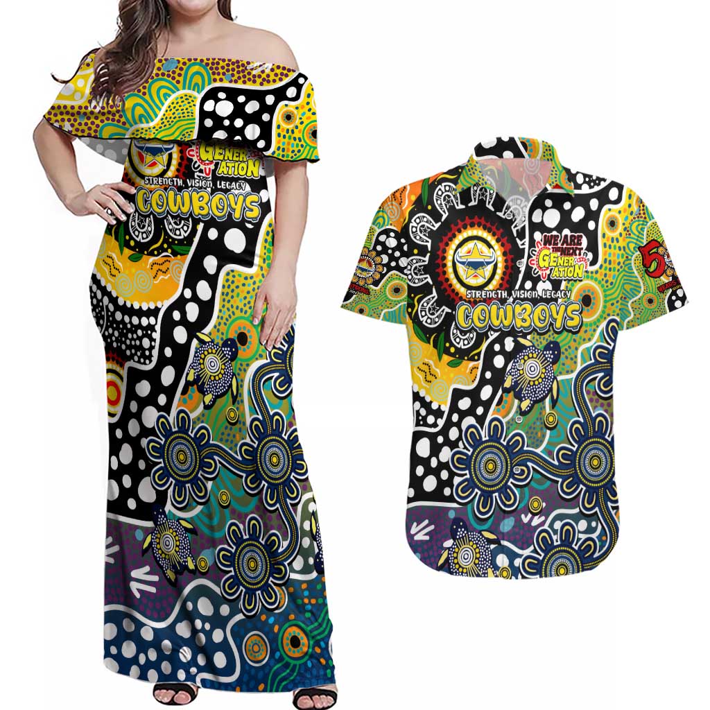 Personalised Cowboys NRL Celebrating 50 Years of Naidoc Couples Matching Off Shoulder Maxi Dress and Hawaiian Shirt NAIDOC Week 2025 Aboriginal