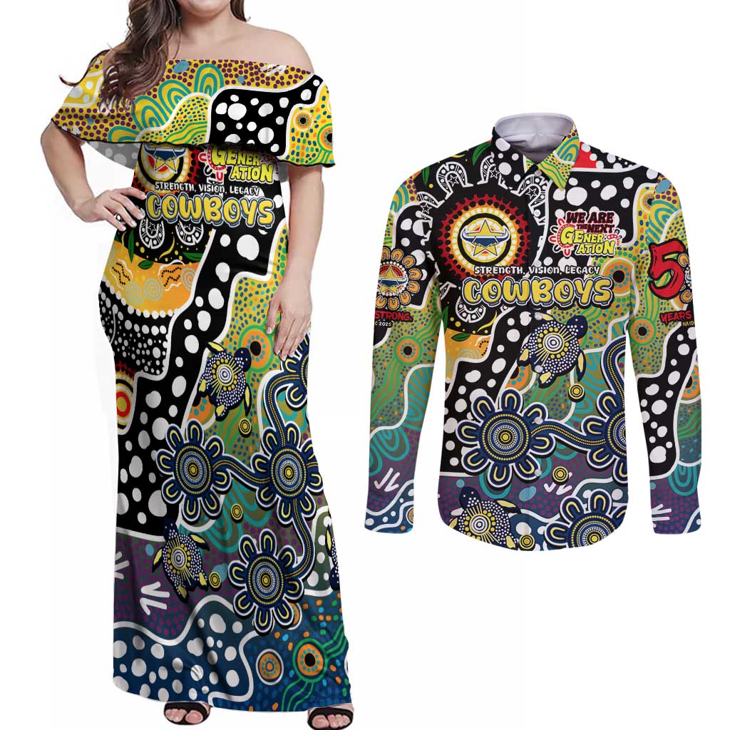 Personalised Cowboys NRL Celebrating 50 Years of Naidoc Couples Matching Off Shoulder Maxi Dress and Long Sleeve Button Shirt NAIDOC Week 2025 Aboriginal