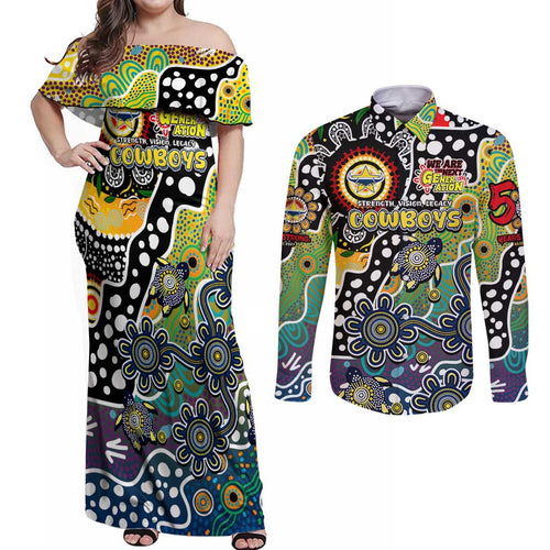 Personalised Cowboys NRL Celebrating 50 Years of Naidoc Couples Matching Off Shoulder Maxi Dress and Long Sleeve Button Shirt NAIDOC Week 2025 Aboriginal