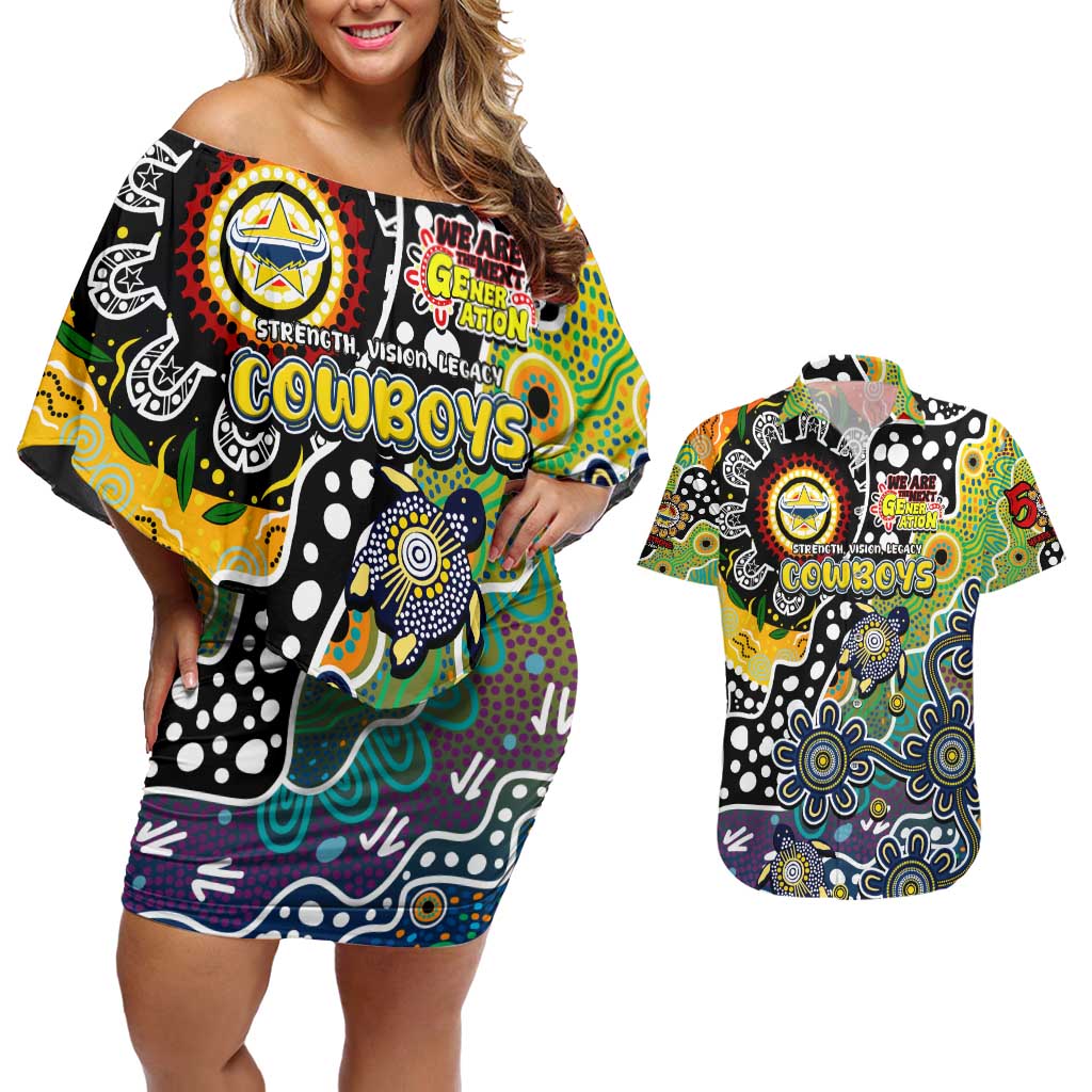 Personalised Cowboys NRL Celebrating 50 Years of Naidoc Couples Matching Off Shoulder Short Dress and Hawaiian Shirt NAIDOC Week 2025 Aboriginal