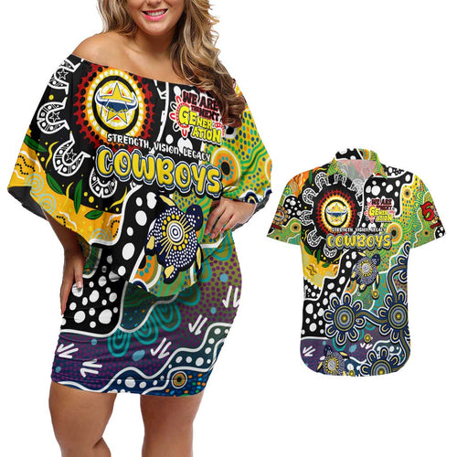 Personalised Cowboys NRL Celebrating 50 Years of Naidoc Couples Matching Off Shoulder Short Dress and Hawaiian Shirt NAIDOC Week 2025 Aboriginal