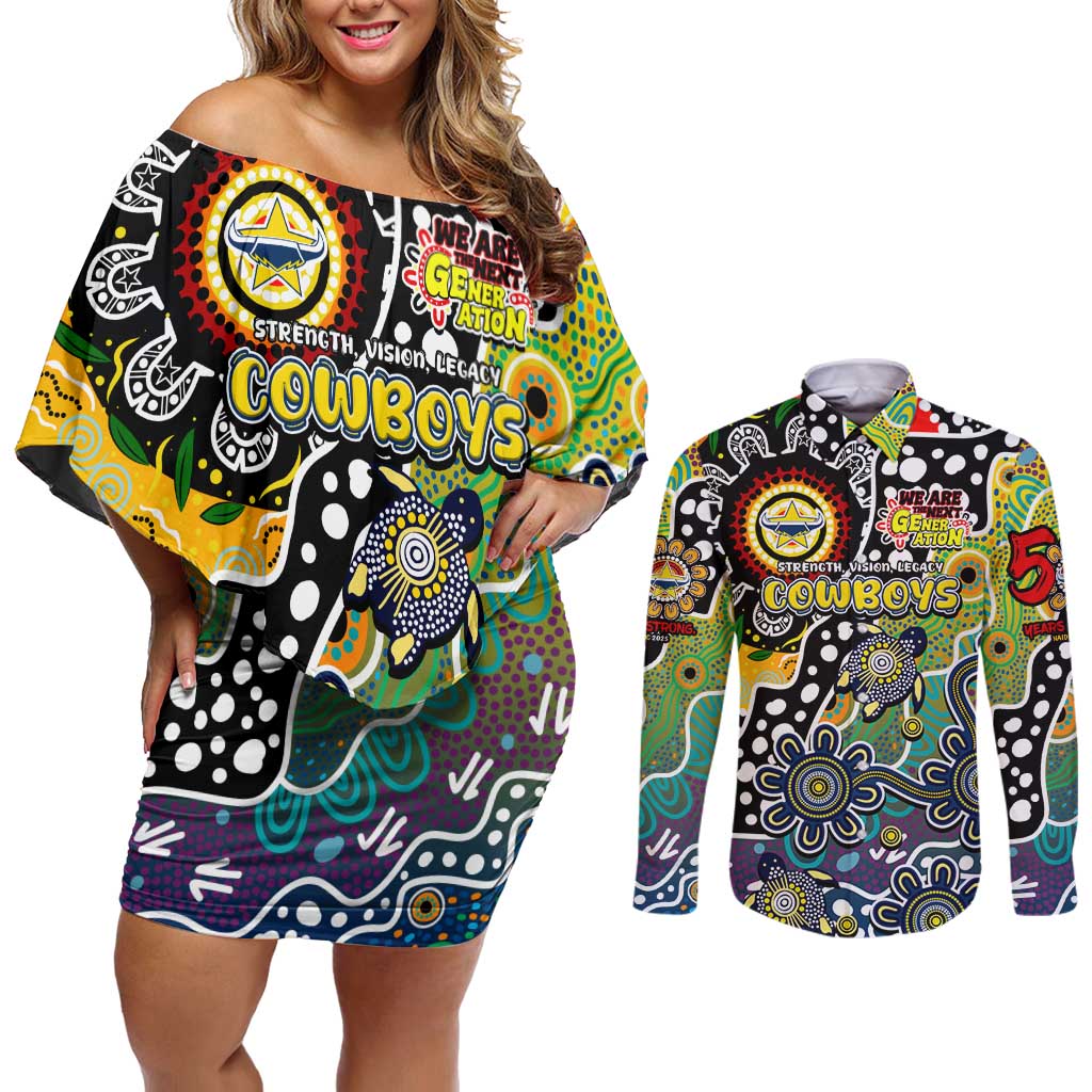 Personalised Cowboys NRL Celebrating 50 Years of Naidoc Couples Matching Off Shoulder Short Dress and Long Sleeve Button Shirt NAIDOC Week 2025 Aboriginal