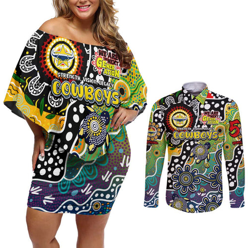 Personalised Cowboys NRL Celebrating 50 Years of Naidoc Couples Matching Off Shoulder Short Dress and Long Sleeve Button Shirt NAIDOC Week 2025 Aboriginal