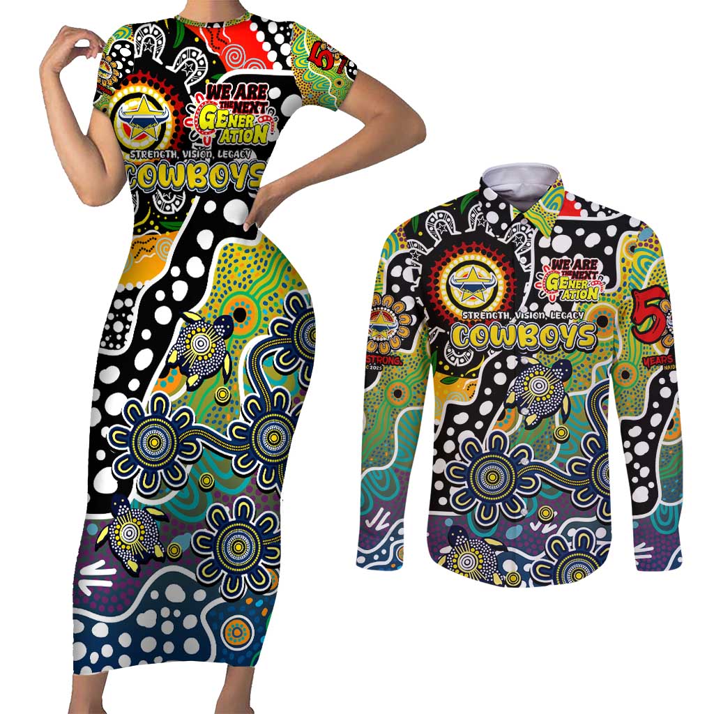 Personalised Cowboys NRL Celebrating 50 Years of Naidoc Couples Matching Short Sleeve Bodycon Dress and Long Sleeve Button Shirt NAIDOC Week 2025 Aboriginal