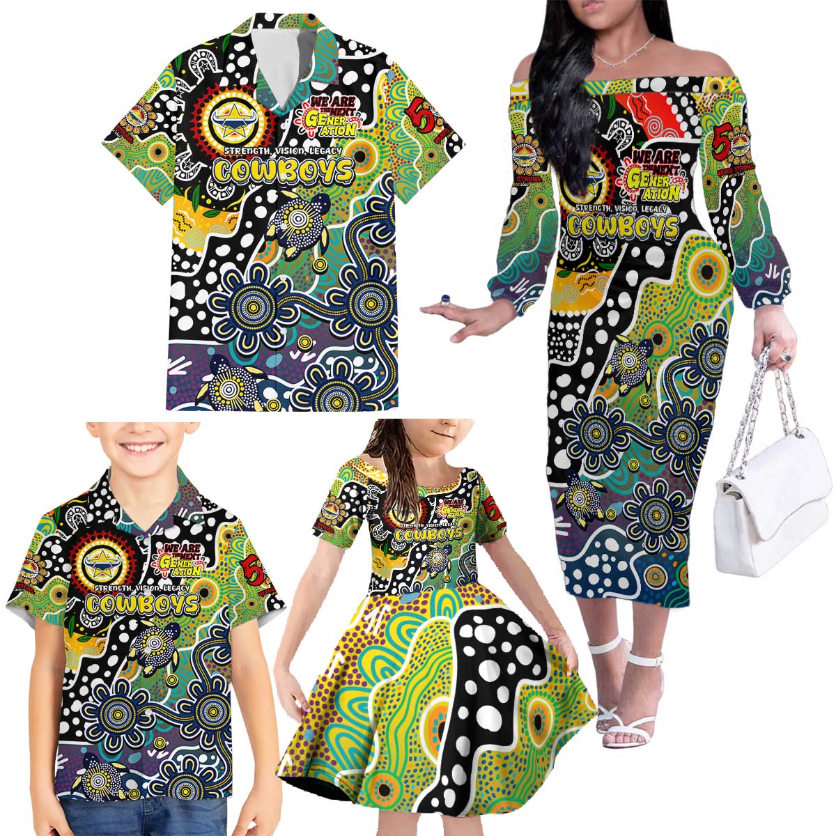 Personalised Cowboys NRL Celebrating 50 Years of Naidoc Family Matching Off The Shoulder Long Sleeve Dress and Hawaiian Shirt NAIDOC Week 2025 Aboriginal