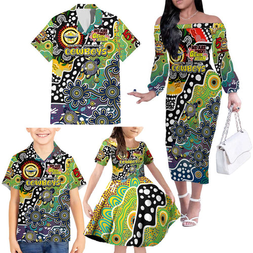 Personalised Cowboys NRL Celebrating 50 Years of Naidoc Family Matching Off The Shoulder Long Sleeve Dress and Hawaiian Shirt NAIDOC Week 2025 Aboriginal
