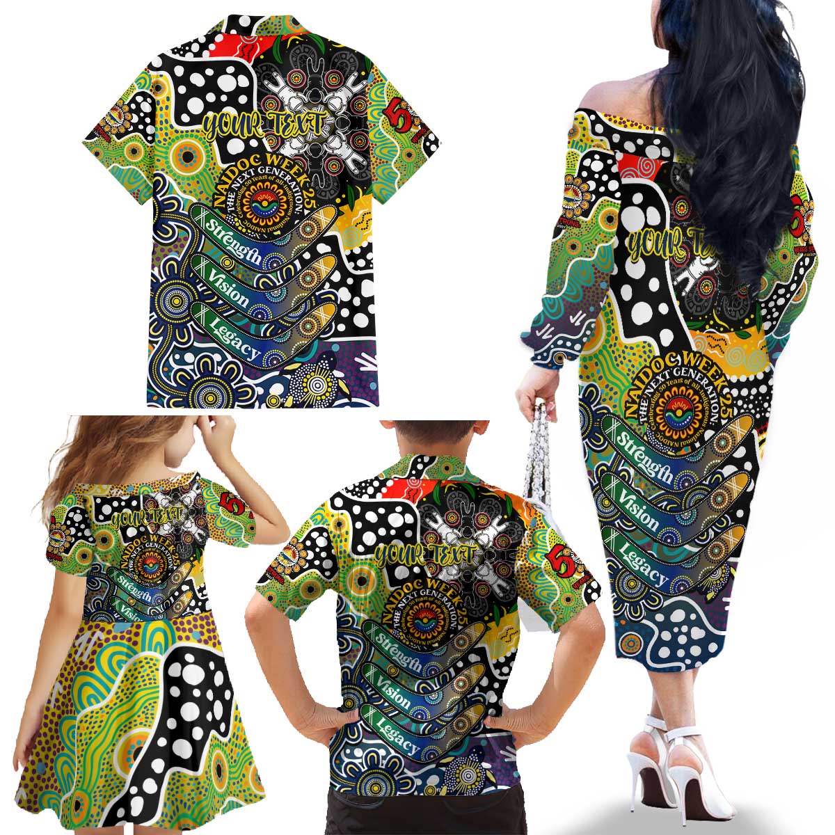 Personalised Cowboys NRL Celebrating 50 Years of Naidoc Family Matching Off The Shoulder Long Sleeve Dress and Hawaiian Shirt NAIDOC Week 2025 Aboriginal