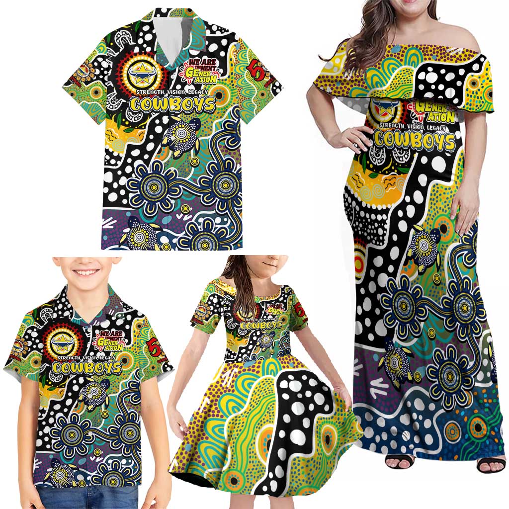 Personalised Cowboys NRL Celebrating 50 Years of Naidoc Family Matching Off Shoulder Maxi Dress and Hawaiian Shirt NAIDOC Week 2025 Aboriginal