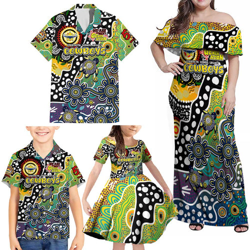 Personalised Cowboys NRL Celebrating 50 Years of Naidoc Family Matching Off Shoulder Maxi Dress and Hawaiian Shirt NAIDOC Week 2025 Aboriginal