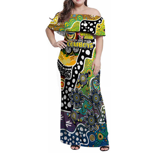 Personalised Cowboys NRL Celebrating 50 Years of Naidoc Family Matching Off Shoulder Maxi Dress and Hawaiian Shirt NAIDOC Week 2025 Aboriginal