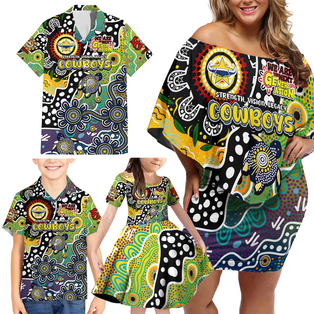 Personalised Cowboys NRL Celebrating 50 Years of Naidoc Family Matching Off Shoulder Short Dress and Hawaiian Shirt NAIDOC Week 2025 Aboriginal