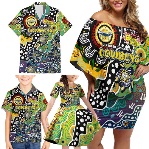 Personalised Cowboys NRL Celebrating 50 Years of Naidoc Family Matching Off Shoulder Short Dress and Hawaiian Shirt NAIDOC Week 2025 Aboriginal