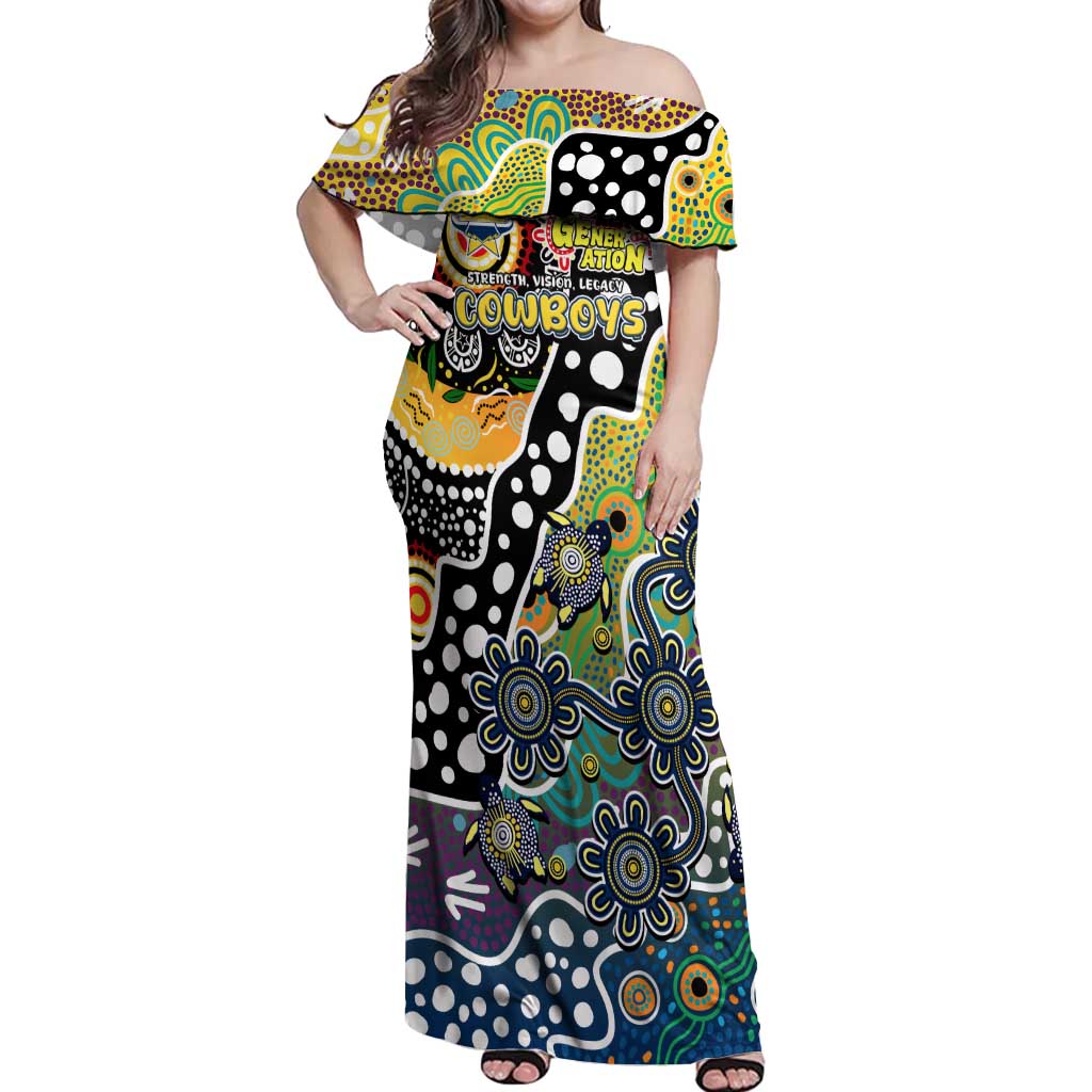 Personalised Cowboys NRL Celebrating 50 Years of Naidoc Off Shoulder Maxi Dress NAIDOC Week 2025 Aboriginal