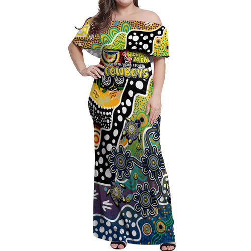 Personalised Cowboys NRL Celebrating 50 Years of Naidoc Off Shoulder Maxi Dress NAIDOC Week 2025 Aboriginal
