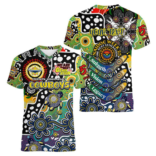 Personalised Cowboys NRL Celebrating 50 Years of Naidoc Women V-Neck T-Shirt NAIDOC Week 2025 Aboriginal