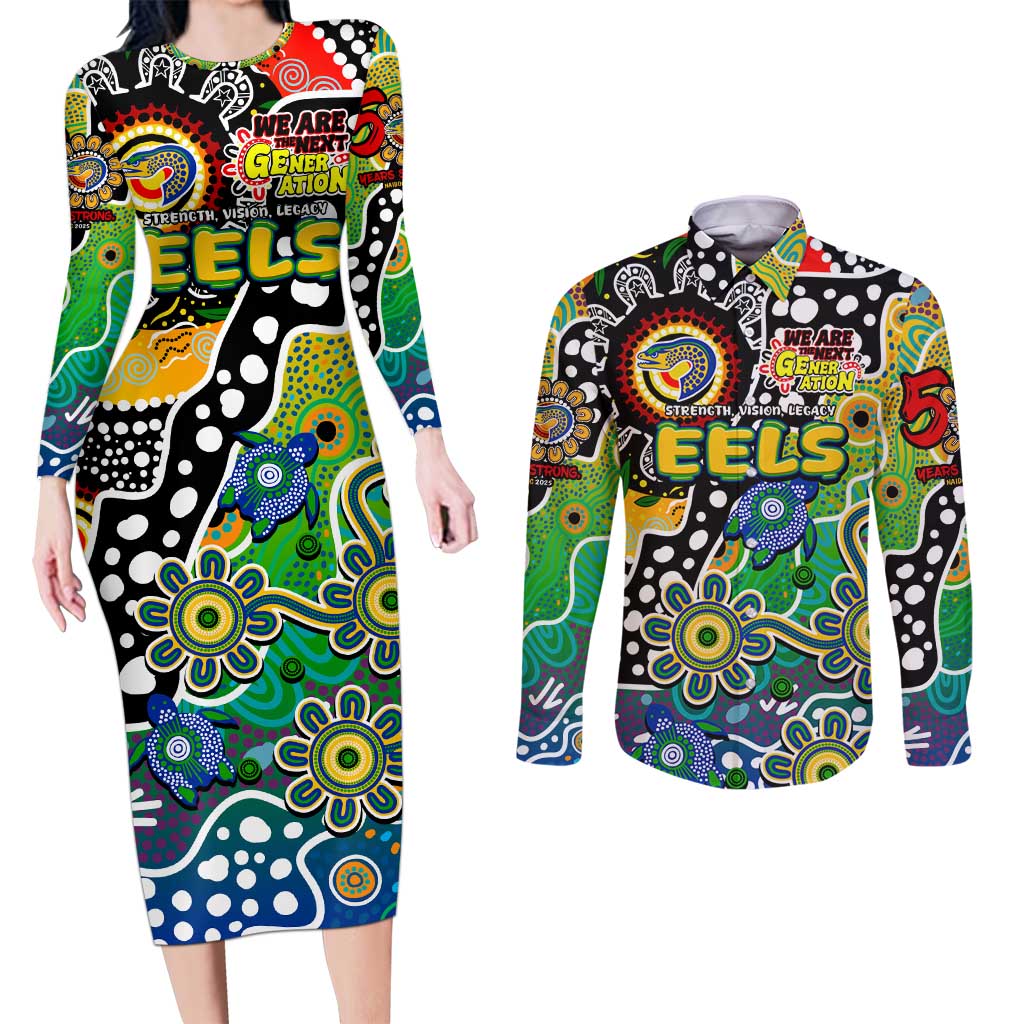 Personalised Eels NRL Celebrating 50 Years of Naidoc Couples Matching Long Sleeve Bodycon Dress and Long Sleeve Button Shirt NAIDOC Week 2025 Aboriginal