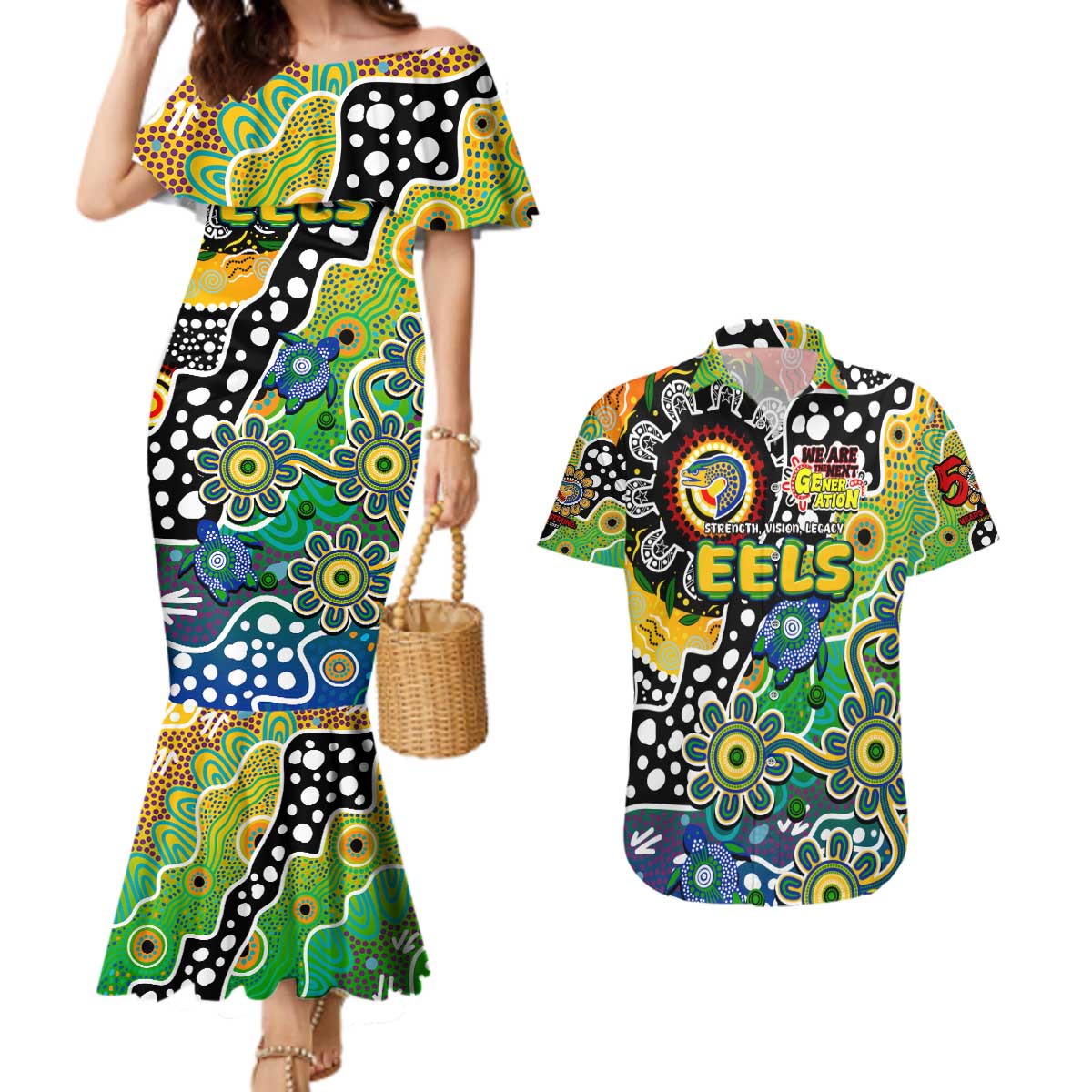 Personalised Eels NRL Celebrating 50 Years of Naidoc Couples Matching Mermaid Dress and Hawaiian Shirt NAIDOC Week 2025 Aboriginal