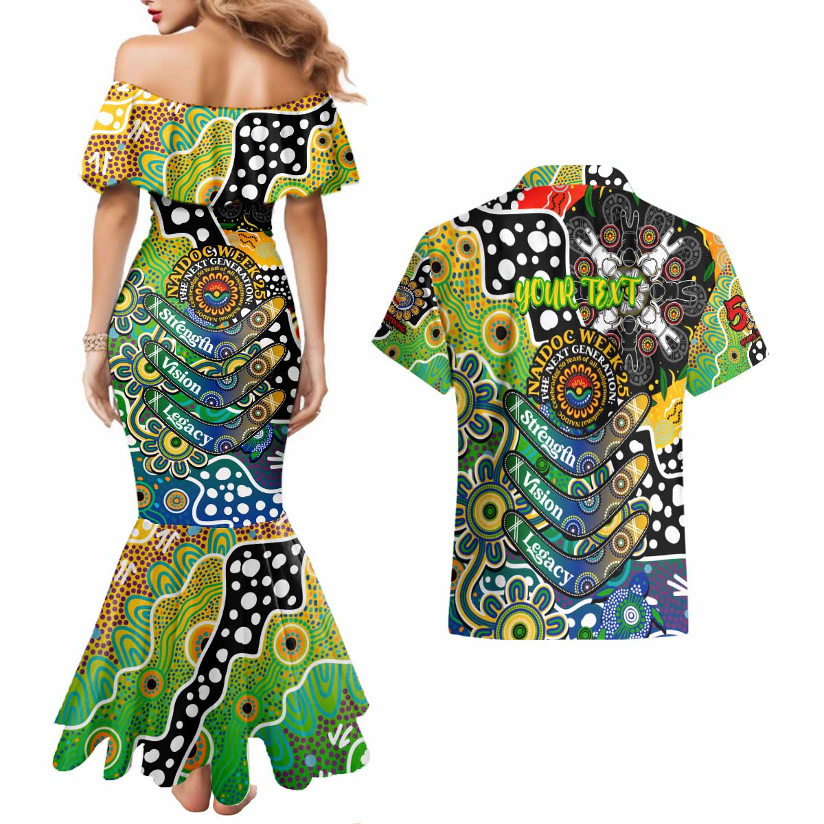Personalised Eels NRL Celebrating 50 Years of Naidoc Couples Matching Mermaid Dress and Hawaiian Shirt NAIDOC Week 2025 Aboriginal