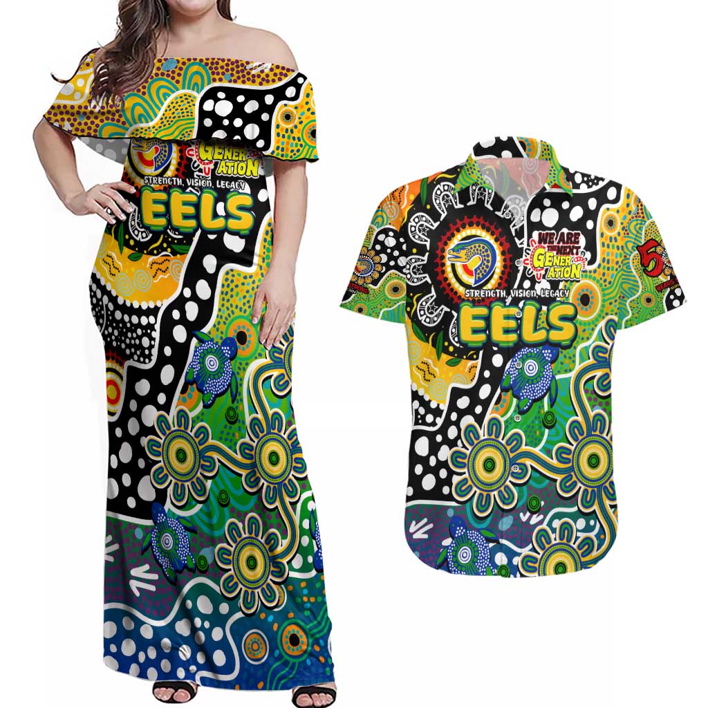 Personalised Eels NRL Celebrating 50 Years of Naidoc Couples Matching Off Shoulder Maxi Dress and Hawaiian Shirt NAIDOC Week 2025 Aboriginal