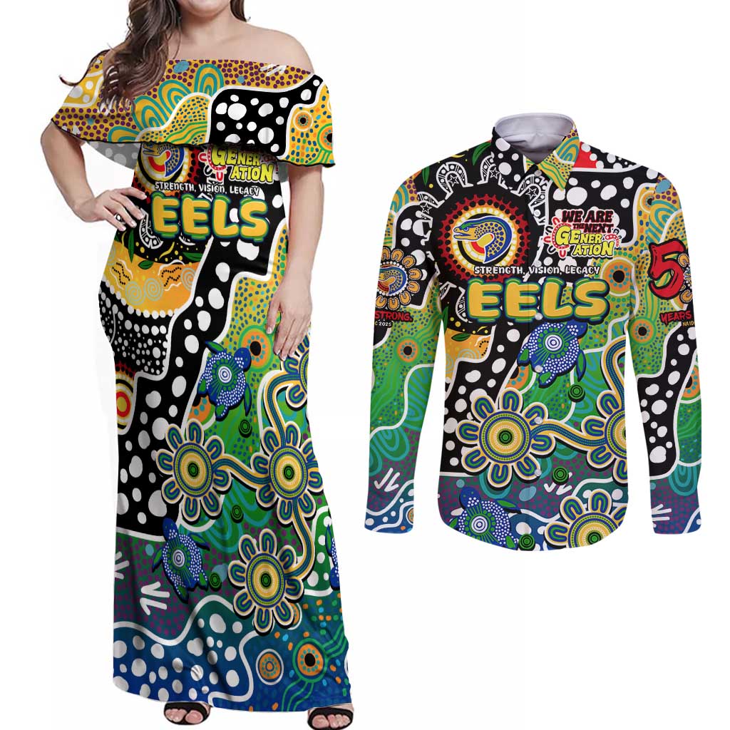 Personalised Eels NRL Celebrating 50 Years of Naidoc Couples Matching Off Shoulder Maxi Dress and Long Sleeve Button Shirt NAIDOC Week 2025 Aboriginal