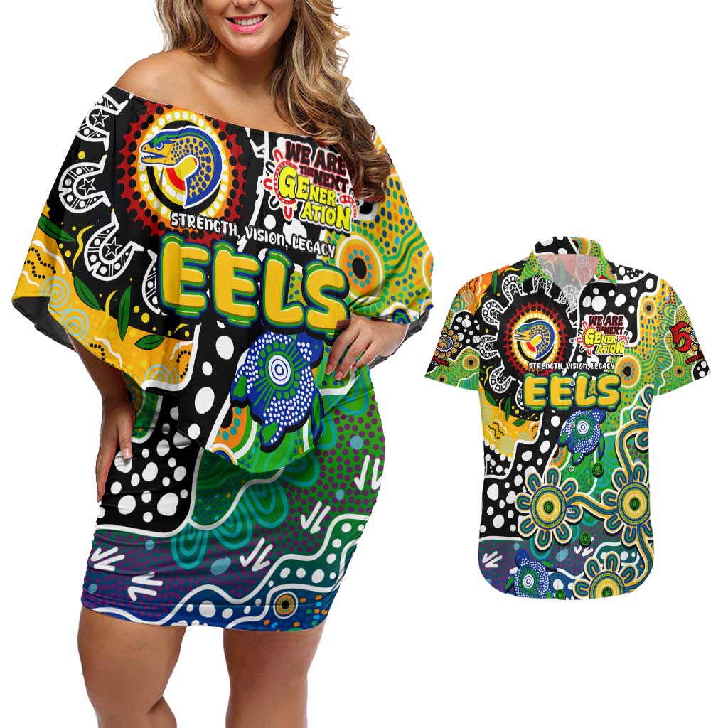 Personalised Eels NRL Celebrating 50 Years of Naidoc Couples Matching Off Shoulder Short Dress and Hawaiian Shirt NAIDOC Week 2025 Aboriginal