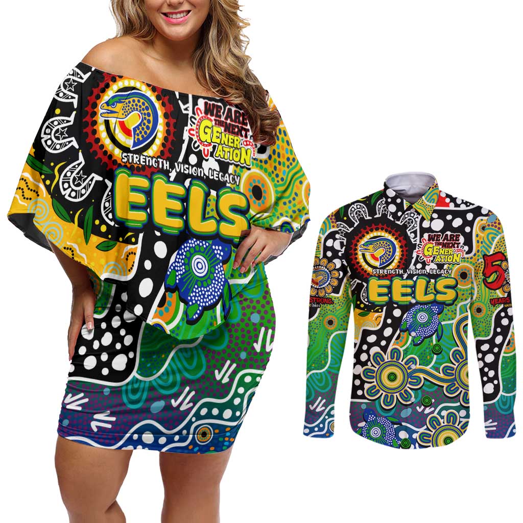 Personalised Eels NRL Celebrating 50 Years of Naidoc Couples Matching Off Shoulder Short Dress and Long Sleeve Button Shirt NAIDOC Week 2025 Aboriginal