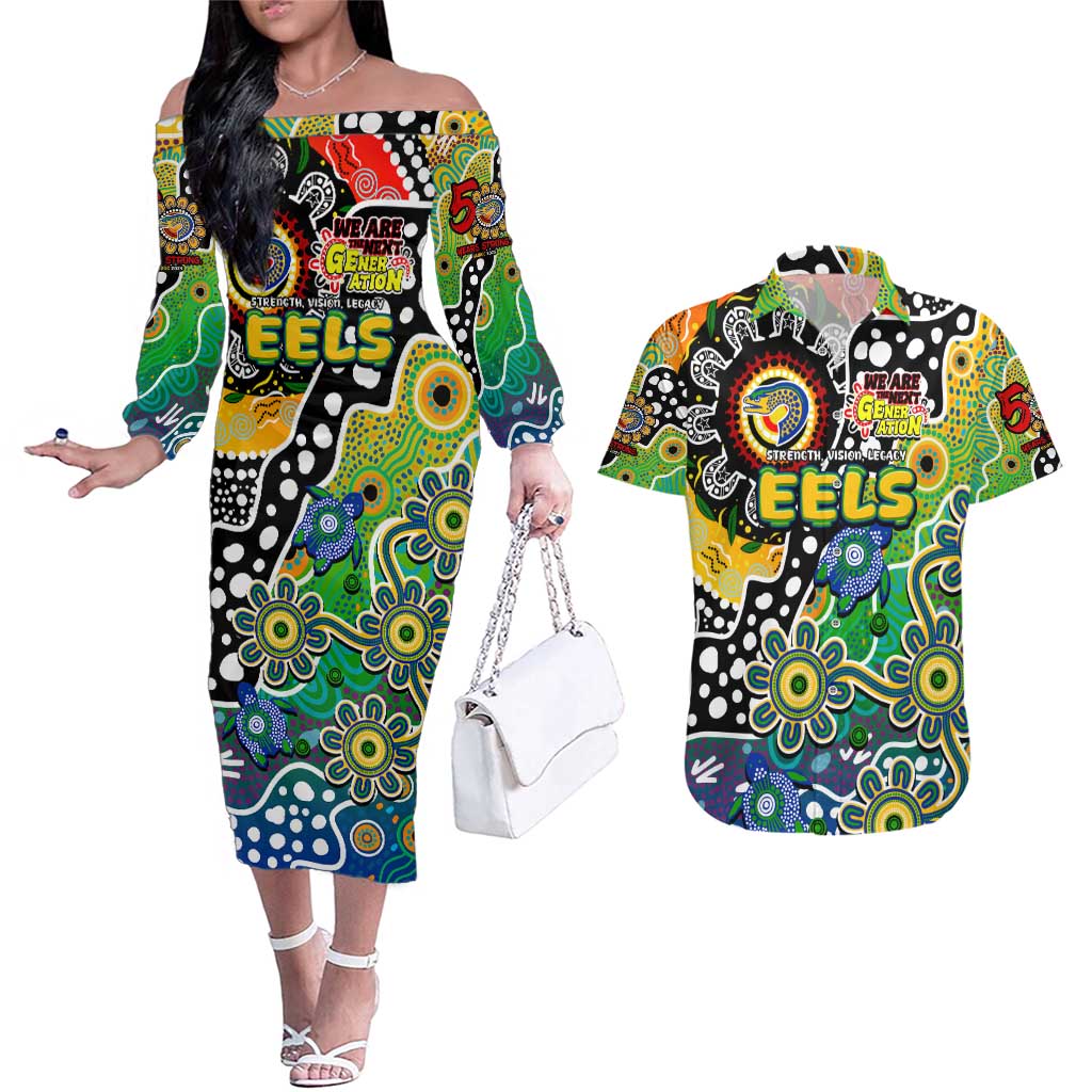 Personalised Eels NRL Celebrating 50 Years of Naidoc Couples Matching Off The Shoulder Long Sleeve Dress and Hawaiian Shirt NAIDOC Week 2025 Aboriginal