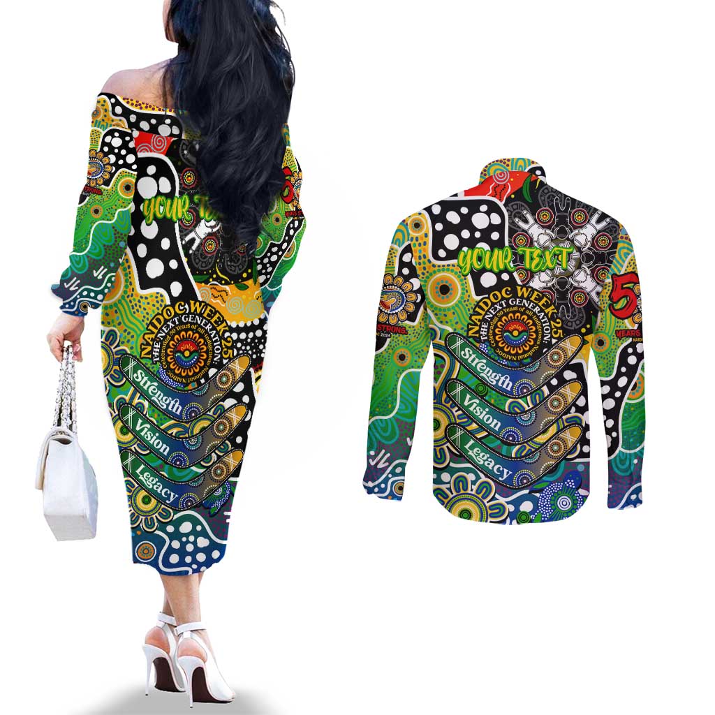 Personalised Eels NRL Celebrating 50 Years of Naidoc Couples Matching Off The Shoulder Long Sleeve Dress and Long Sleeve Button Shirt NAIDOC Week 2025 Aboriginal