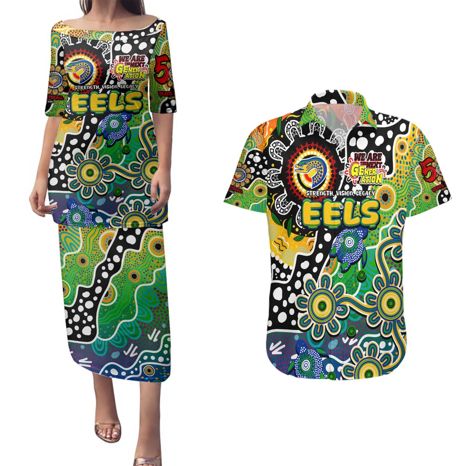Personalised Eels NRL Celebrating 50 Years of Naidoc Couples Matching Puletasi and Hawaiian Shirt NAIDOC Week 2025 Aboriginal