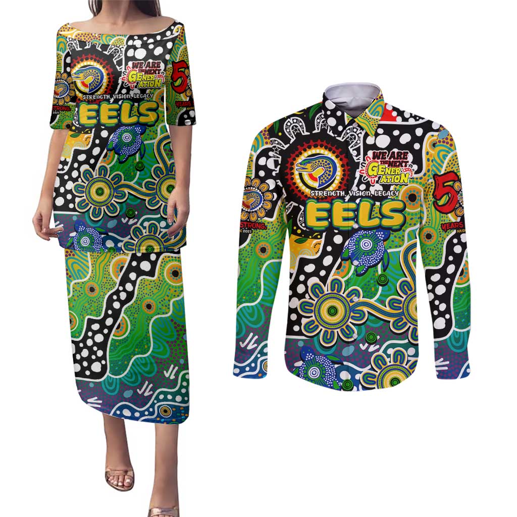 Personalised Eels NRL Celebrating 50 Years of Naidoc Couples Matching Puletasi and Long Sleeve Button Shirt NAIDOC Week 2025 Aboriginal