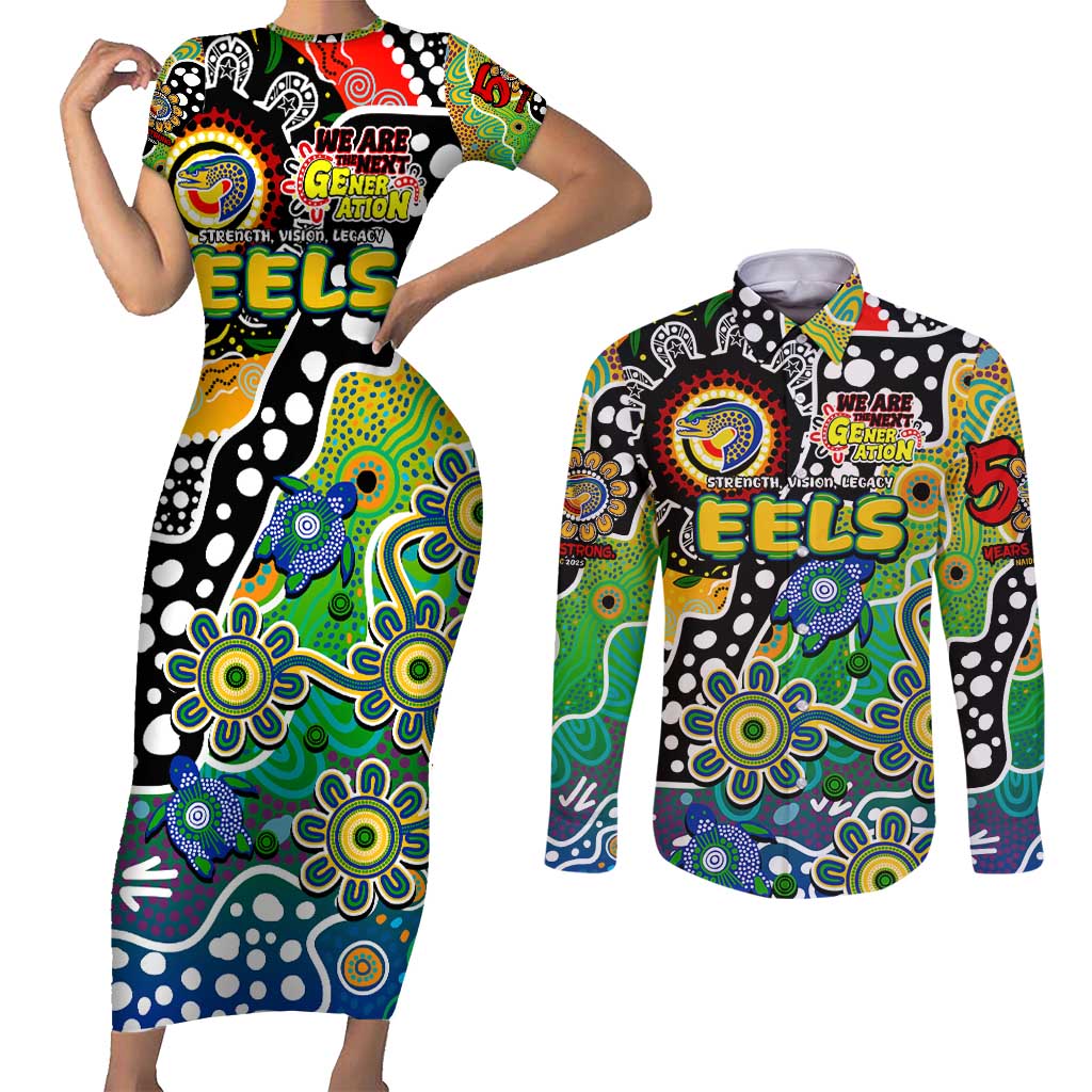 Personalised Eels NRL Celebrating 50 Years of Naidoc Couples Matching Short Sleeve Bodycon Dress and Long Sleeve Button Shirt NAIDOC Week 2025 Aboriginal