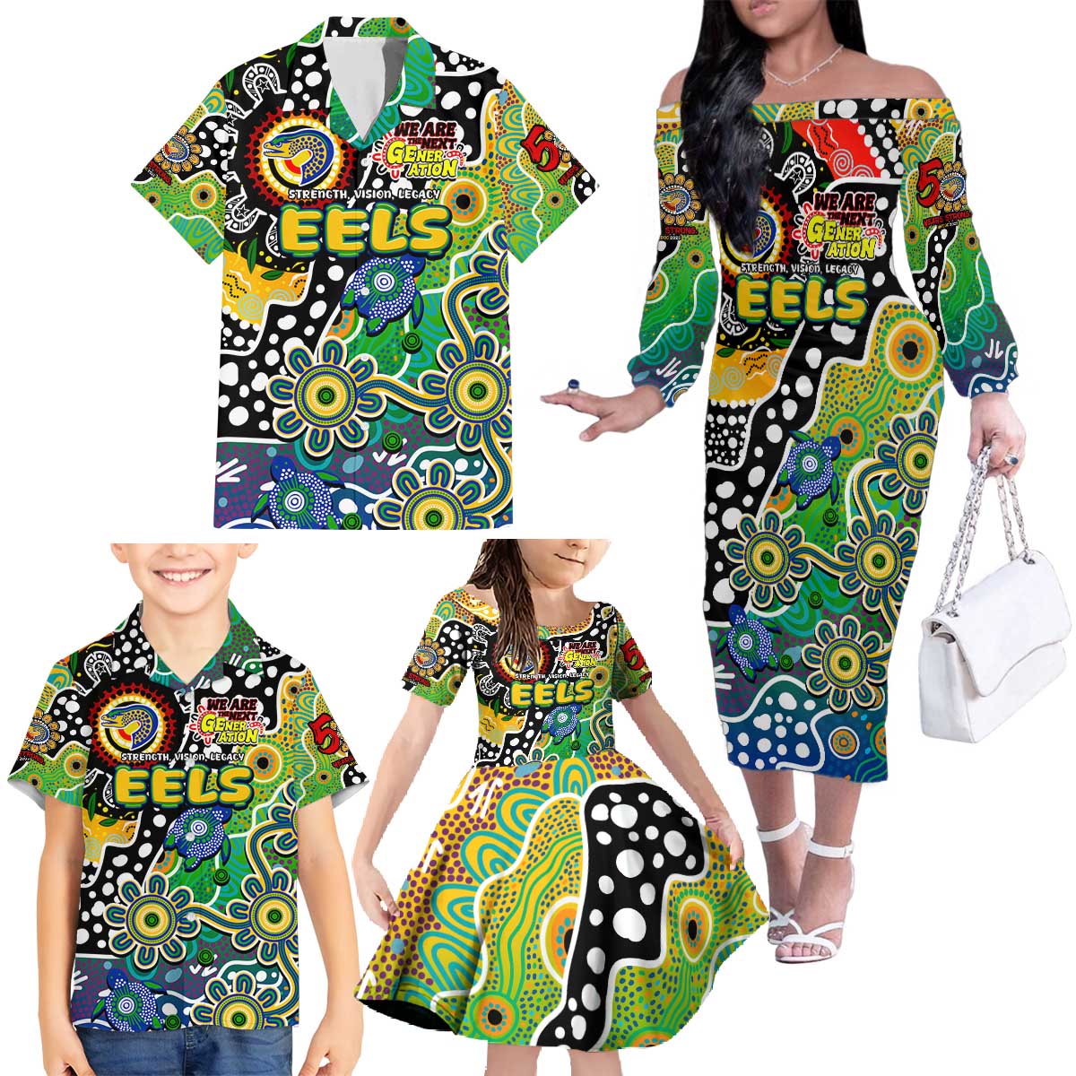 Personalised Eels NRL Celebrating 50 Years of Naidoc Family Matching Off The Shoulder Long Sleeve Dress and Hawaiian Shirt NAIDOC Week 2025 Aboriginal