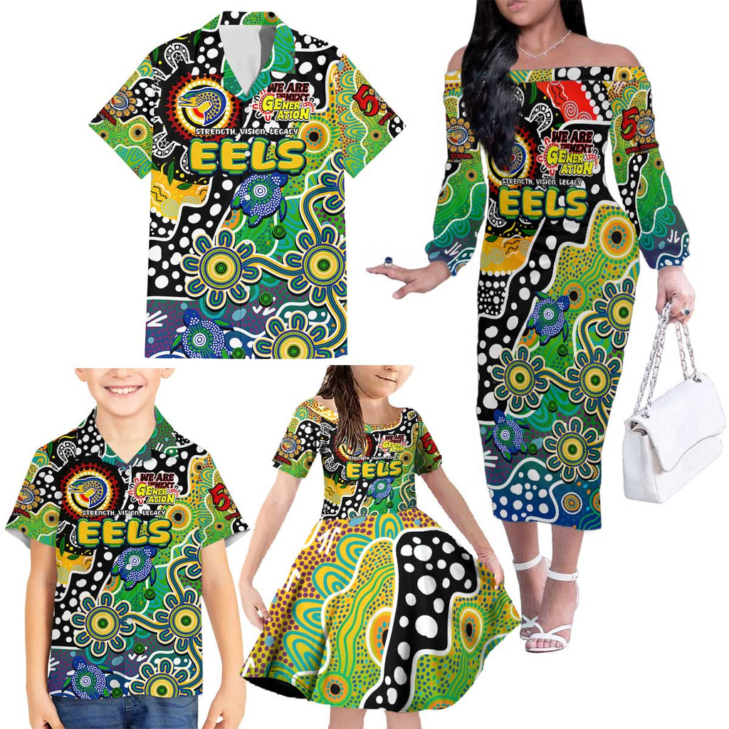 Personalised Eels NRL Celebrating 50 Years of Naidoc Family Matching Off The Shoulder Long Sleeve Dress and Hawaiian Shirt NAIDOC Week 2025 Aboriginal