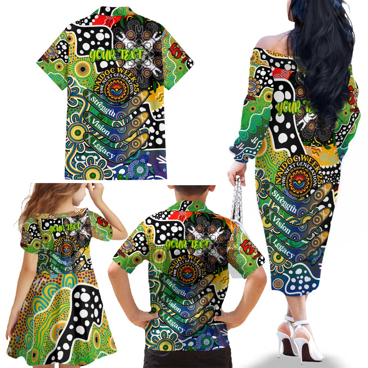 Personalised Eels NRL Celebrating 50 Years of Naidoc Family Matching Off The Shoulder Long Sleeve Dress and Hawaiian Shirt NAIDOC Week 2025 Aboriginal