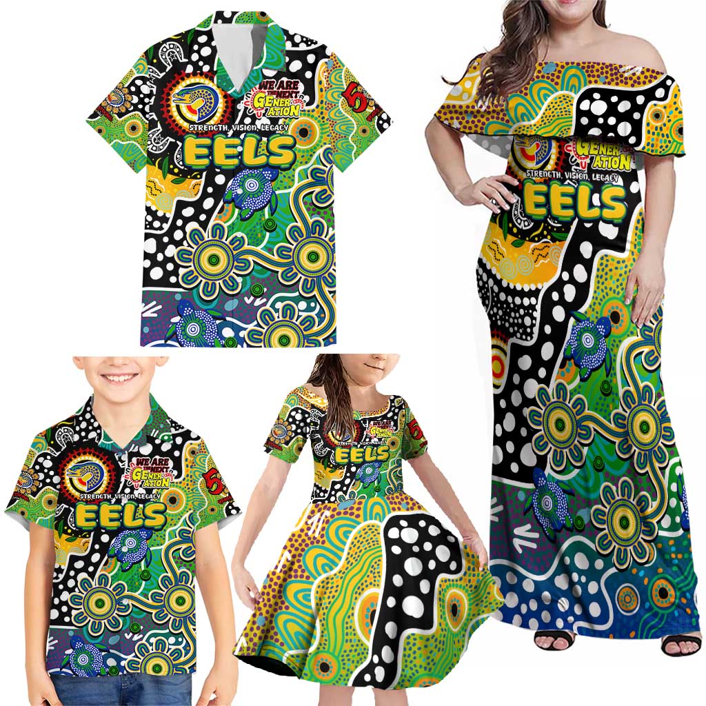 Personalised Eels NRL Celebrating 50 Years of Naidoc Family Matching Off Shoulder Maxi Dress and Hawaiian Shirt NAIDOC Week 2025 Aboriginal