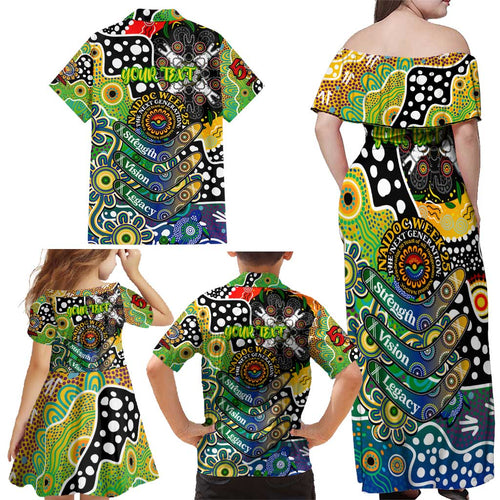 Personalised Eels NRL Celebrating 50 Years of Naidoc Family Matching Off Shoulder Maxi Dress and Hawaiian Shirt NAIDOC Week 2025 Aboriginal