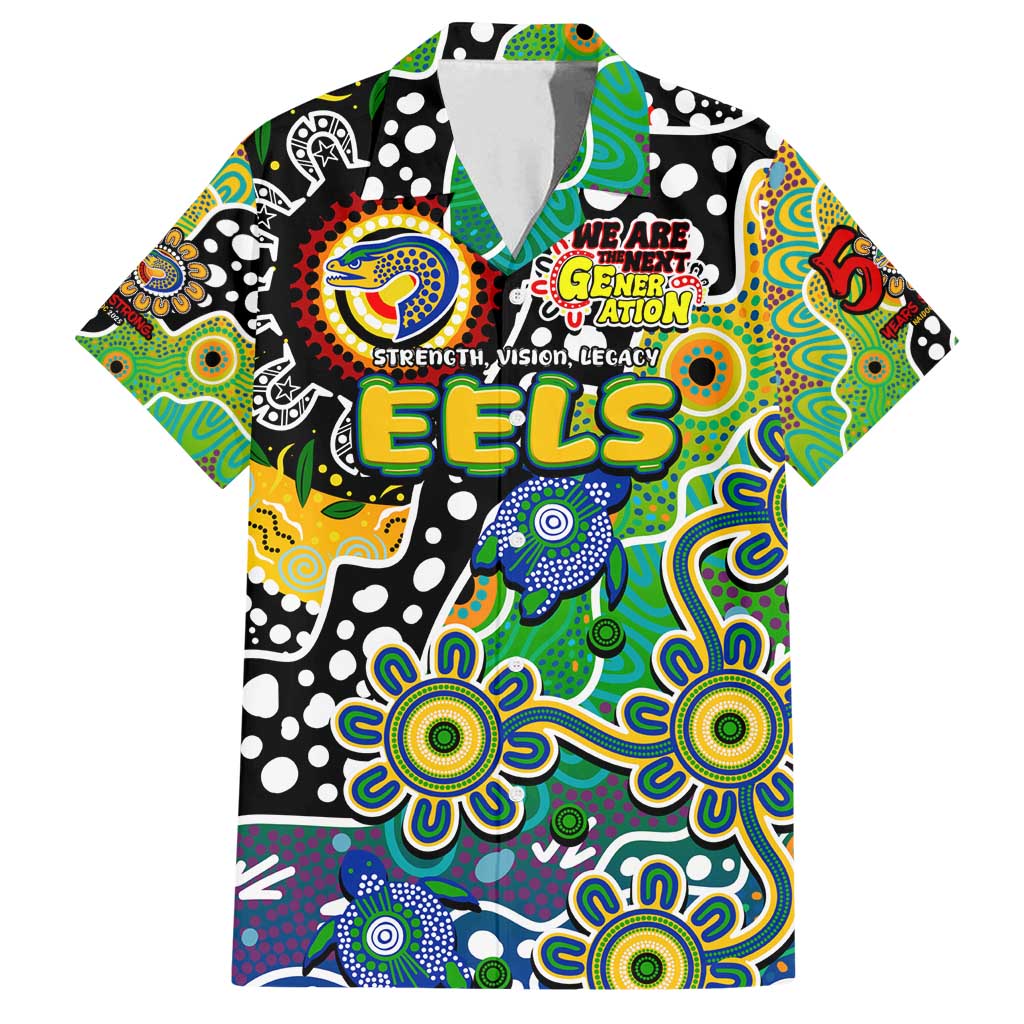Personalised Eels NRL Celebrating 50 Years of Naidoc Family Matching Off Shoulder Maxi Dress and Hawaiian Shirt NAIDOC Week 2025 Aboriginal