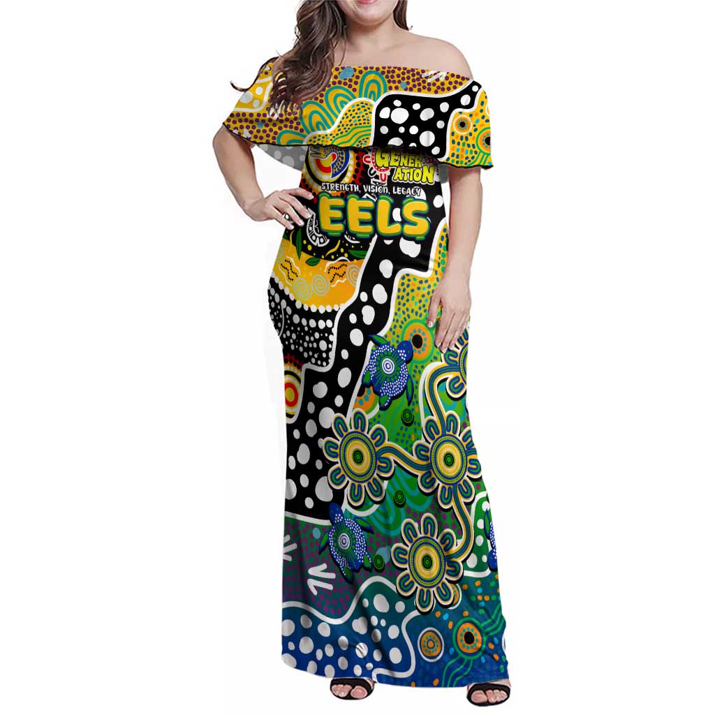 Personalised Eels NRL Celebrating 50 Years of Naidoc Family Matching Off Shoulder Maxi Dress and Hawaiian Shirt NAIDOC Week 2025 Aboriginal