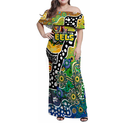 Personalised Eels NRL Celebrating 50 Years of Naidoc Family Matching Off Shoulder Maxi Dress and Hawaiian Shirt NAIDOC Week 2025 Aboriginal