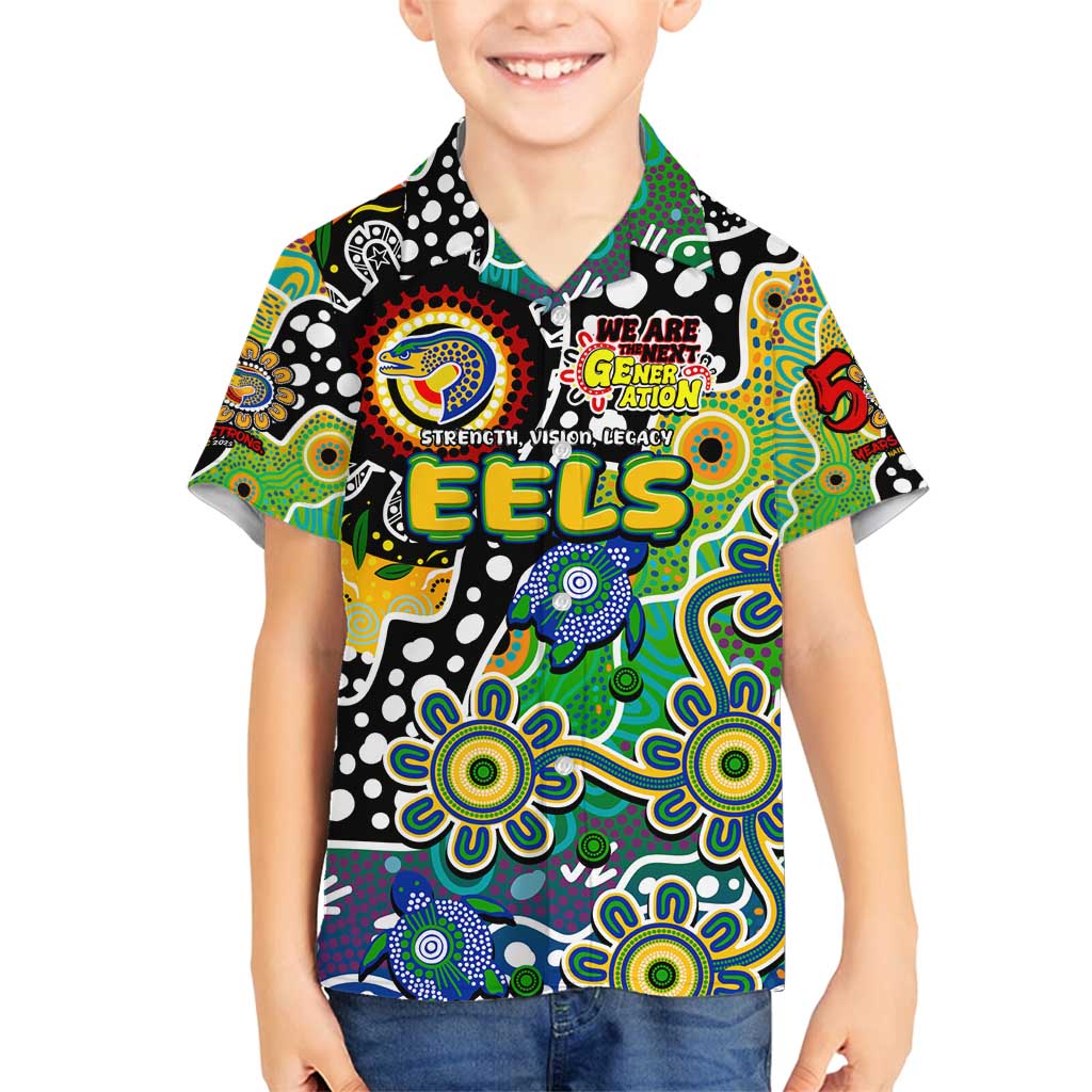 Personalised Eels NRL Celebrating 50 Years of Naidoc Family Matching Off Shoulder Maxi Dress and Hawaiian Shirt NAIDOC Week 2025 Aboriginal