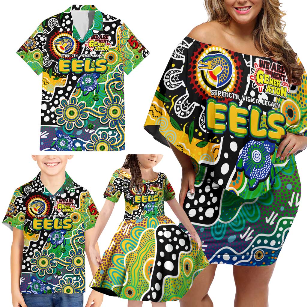 Personalised Eels NRL Celebrating 50 Years of Naidoc Family Matching Off Shoulder Short Dress and Hawaiian Shirt NAIDOC Week 2025 Aboriginal