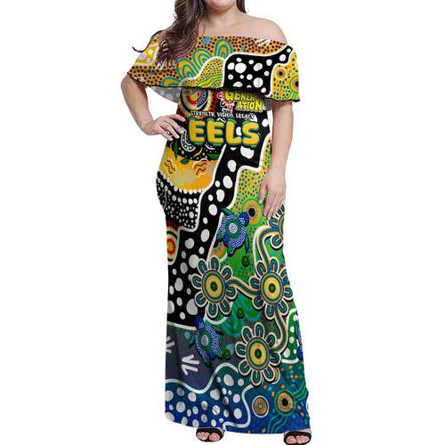 Personalised Eels NRL Celebrating 50 Years of Naidoc Off Shoulder Maxi Dress NAIDOC Week 2025 Aboriginal