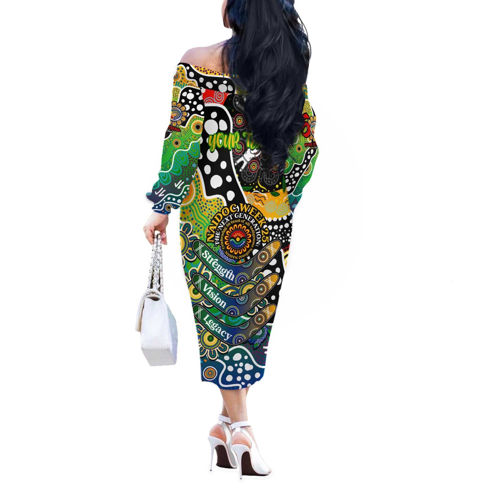 Personalised Eels NRL Celebrating 50 Years of Naidoc Off The Shoulder Long Sleeve Dress NAIDOC Week 2025 Aboriginal