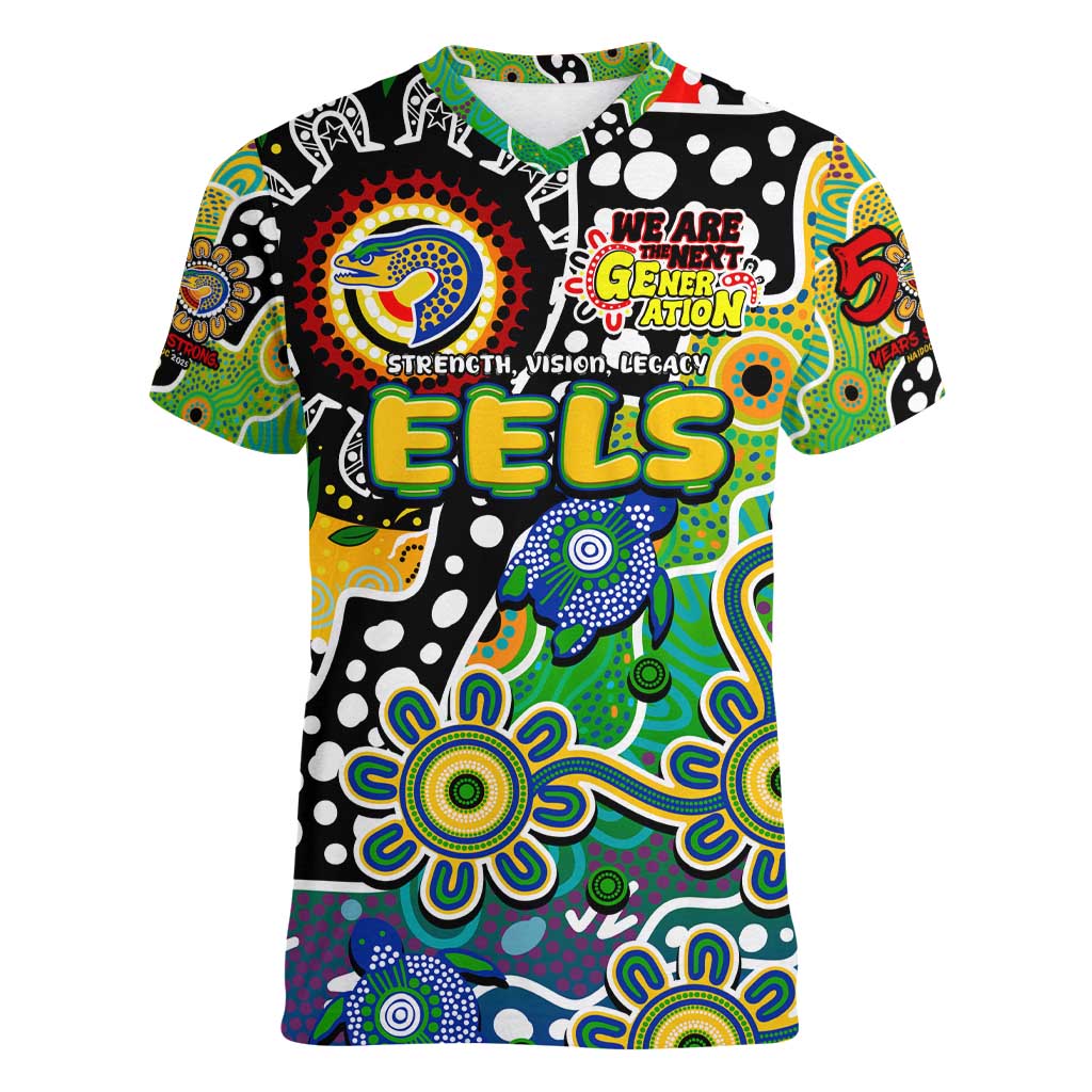 Personalised Eels NRL Celebrating 50 Years of Naidoc Women V-Neck T-Shirt NAIDOC Week 2025 Aboriginal