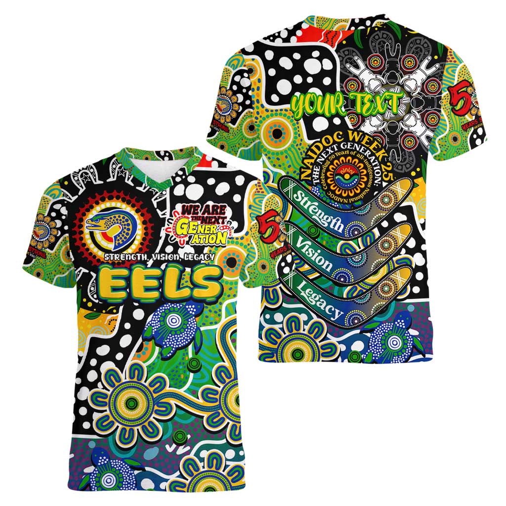 Personalised Eels NRL Celebrating 50 Years of Naidoc Women V-Neck T-Shirt NAIDOC Week 2025 Aboriginal