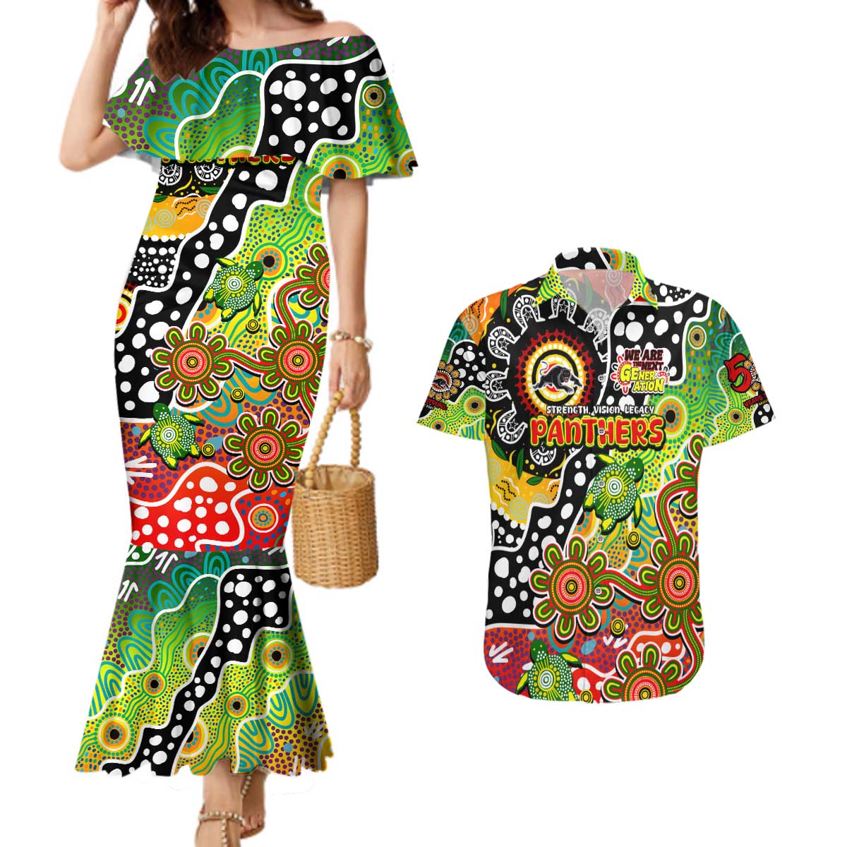 Personalised Panthers NRL Celebrating 50 Years of Naidoc Couples Matching Mermaid Dress and Hawaiian Shirt NAIDOC Week 2025 Aboriginal