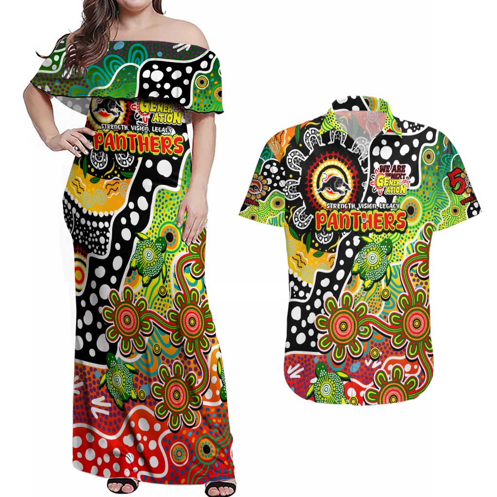 Personalised Panthers NRL Celebrating 50 Years of Naidoc Couples Matching Off Shoulder Maxi Dress and Hawaiian Shirt NAIDOC Week 2025 Aboriginal