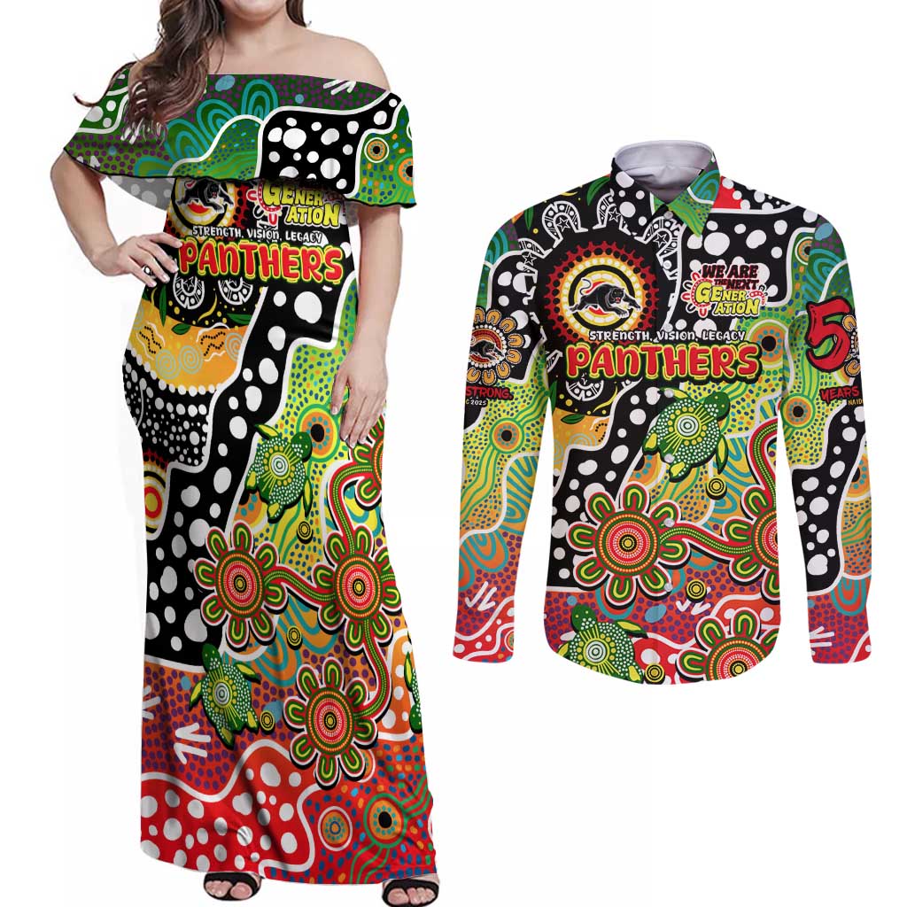 Personalised Panthers NRL Celebrating 50 Years of Naidoc Couples Matching Off Shoulder Maxi Dress and Long Sleeve Button Shirt NAIDOC Week 2025 Aboriginal