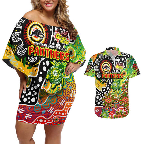 Personalised Panthers NRL Celebrating 50 Years of Naidoc Couples Matching Off Shoulder Short Dress and Hawaiian Shirt NAIDOC Week 2025 Aboriginal