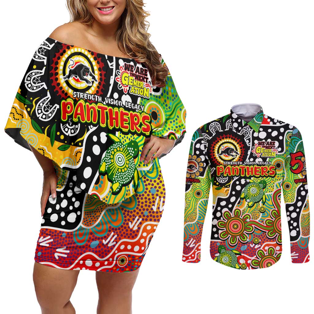 Personalised Panthers NRL Celebrating 50 Years of Naidoc Couples Matching Off Shoulder Short Dress and Long Sleeve Button Shirt NAIDOC Week 2025 Aboriginal